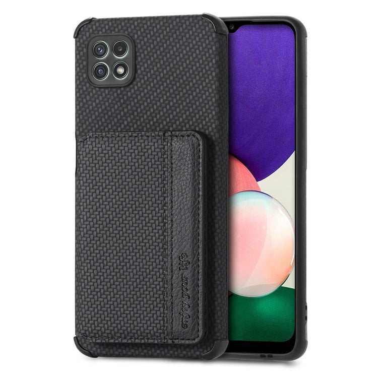 For Samsung Galaxy A22 5G Carbon Fiber Magnetic Card Bag TPU+PU Shockproof Back Cover Case with Holder & Card Slot & Photo Frame