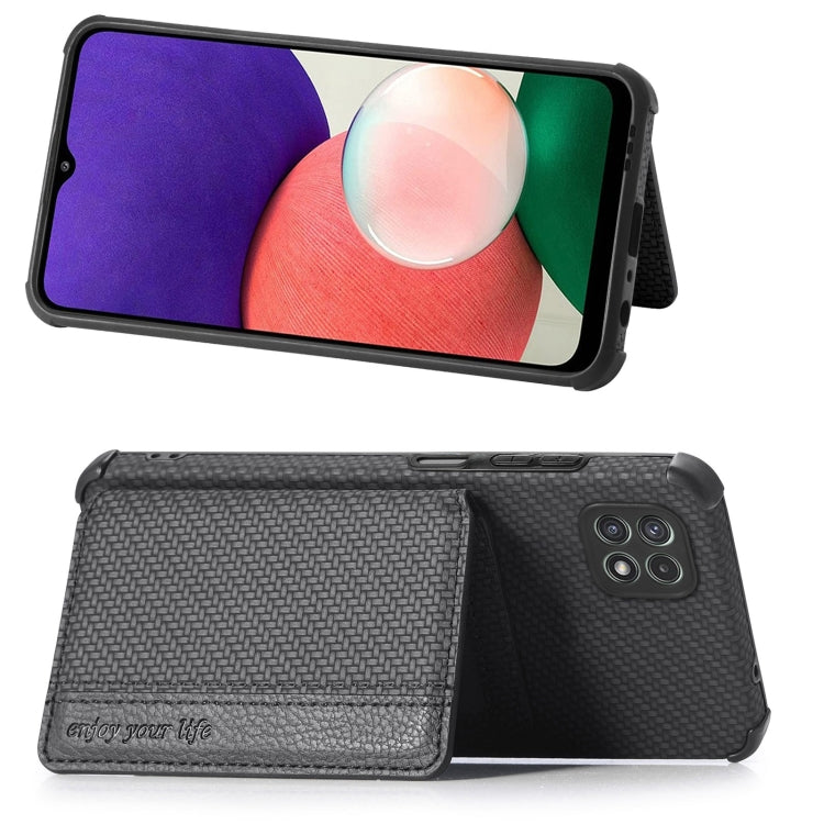 For Samsung Galaxy A22 5G Carbon Fiber Magnetic Card Bag TPU+PU Shockproof Back Cover Case with Holder & Card Slot & Photo Frame