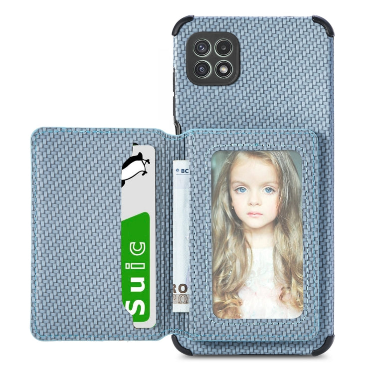 For Samsung Galaxy A22 5G Carbon Fiber Magnetic Card Bag TPU+PU Shockproof Back Cover Case with Holder & Card Slot & Photo Frame