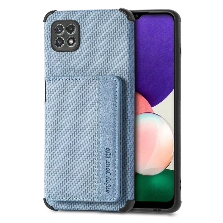 For Samsung Galaxy A22 5G Carbon Fiber Magnetic Card Bag TPU+PU Shockproof Back Cover Case with Holder & Card Slot & Photo Frame