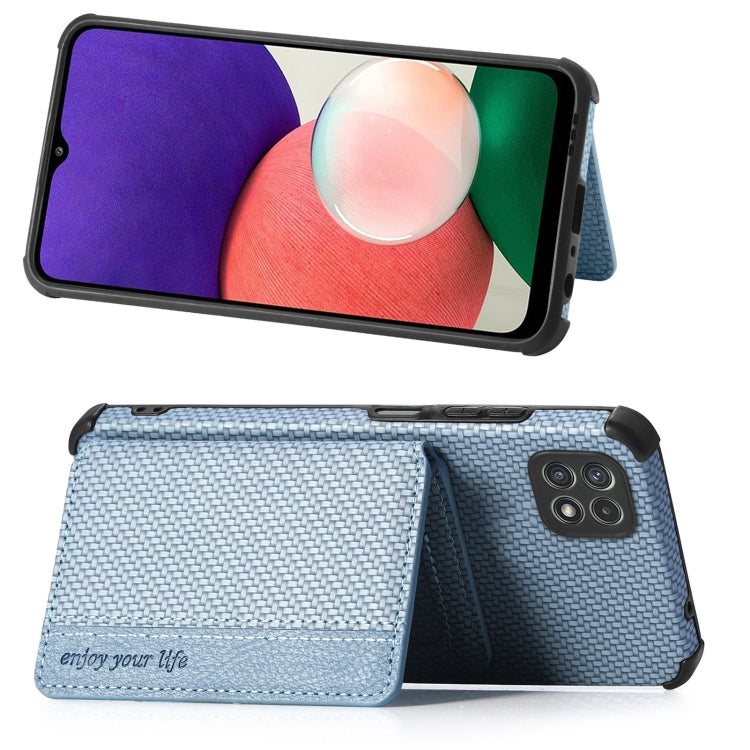 For Samsung Galaxy A22 5G Carbon Fiber Magnetic Card Bag TPU+PU Shockproof Back Cover Case with Holder & Card Slot & Photo Frame