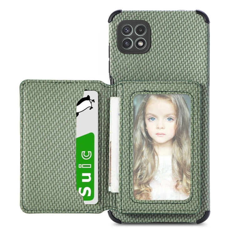 For Samsung Galaxy A22 5G Carbon Fiber Magnetic Card Bag TPU+PU Shockproof Back Cover Case with Holder & Card Slot & Photo Frame