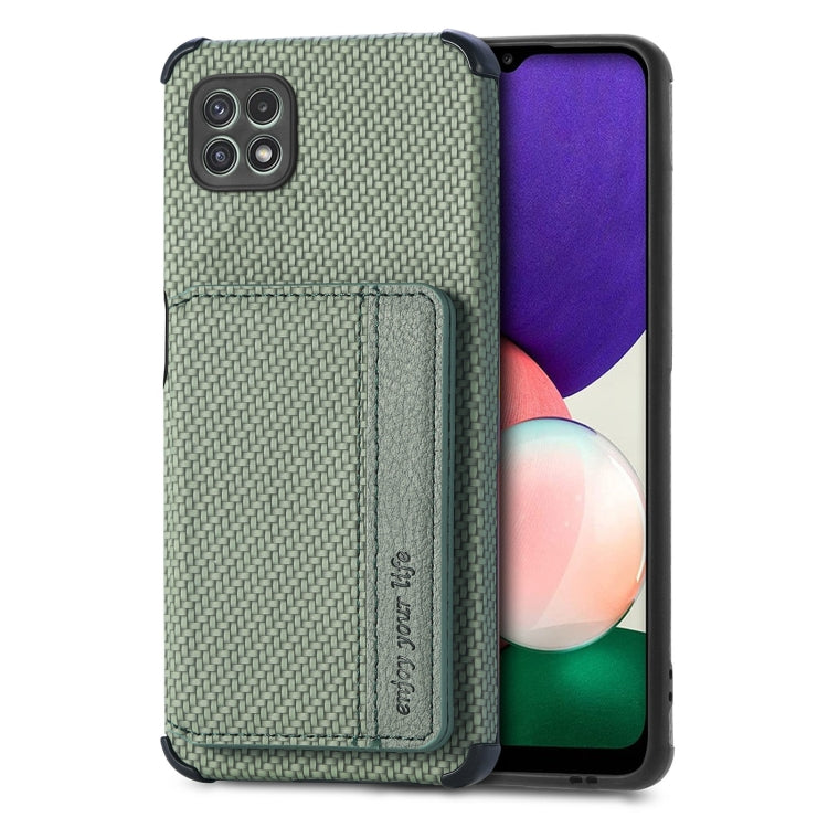 For Samsung Galaxy A22 5G Carbon Fiber Magnetic Card Bag TPU+PU Shockproof Back Cover Case with Holder & Card Slot & Photo Frame