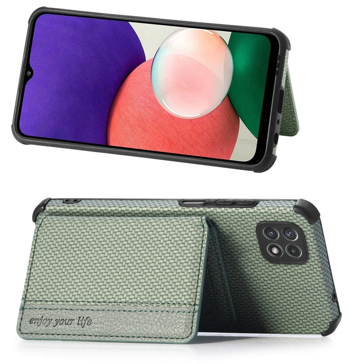 For Samsung Galaxy A22 5G Carbon Fiber Magnetic Card Bag TPU+PU Shockproof Back Cover Case with Holder & Card Slot & Photo Frame