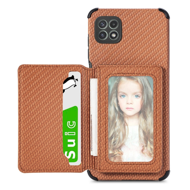 For Samsung Galaxy A22 5G Carbon Fiber Magnetic Card Bag TPU+PU Shockproof Back Cover Case with Holder & Card Slot & Photo Frame