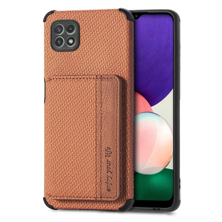 For Samsung Galaxy A22 5G Carbon Fiber Magnetic Card Bag TPU+PU Shockproof Back Cover Case with Holder & Card Slot & Photo Frame
