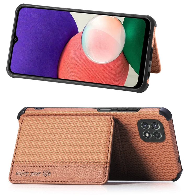 For Samsung Galaxy A22 5G Carbon Fiber Magnetic Card Bag TPU+PU Shockproof Back Cover Case with Holder & Card Slot & Photo Frame