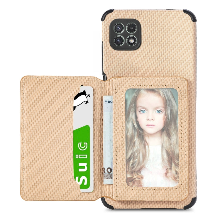 For Samsung Galaxy A22 5G Carbon Fiber Magnetic Card Bag TPU+PU Shockproof Back Cover Case with Holder & Card Slot & Photo Frame