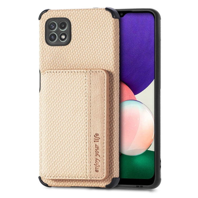 For Samsung Galaxy A22 5G Carbon Fiber Magnetic Card Bag TPU+PU Shockproof Back Cover Case with Holder & Card Slot & Photo Frame