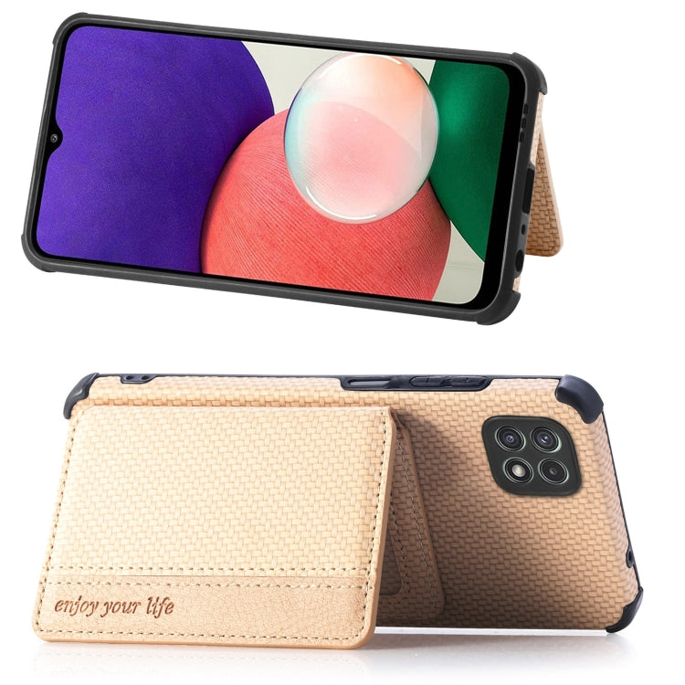 For Samsung Galaxy A22 5G Carbon Fiber Magnetic Card Bag TPU+PU Shockproof Back Cover Case with Holder & Card Slot & Photo Frame