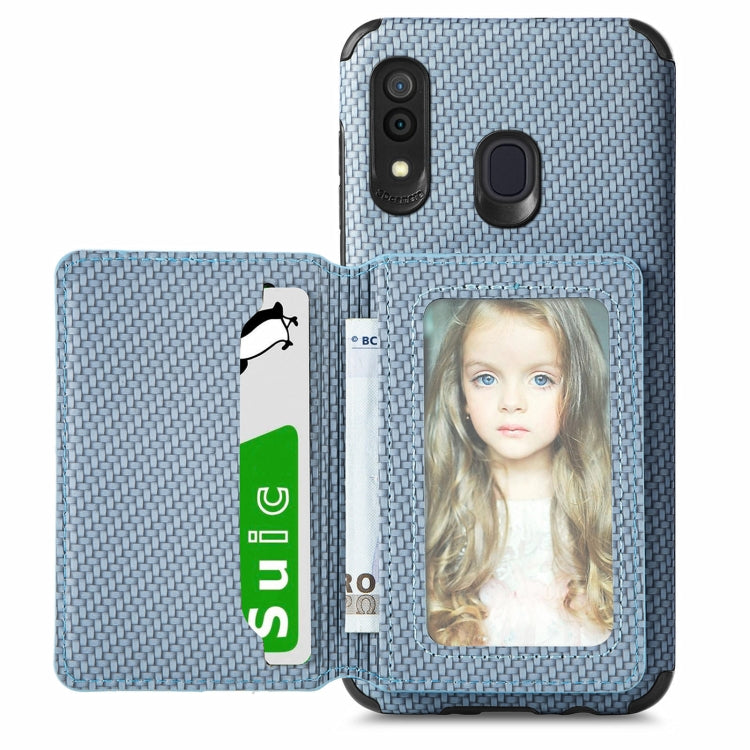 For Samsung Galaxy  A30/A20 Carbon Fiber Magnetic Card Bag TPU+PU Shockproof Back Cover Case with Holder & Card Slot & Photo Frame