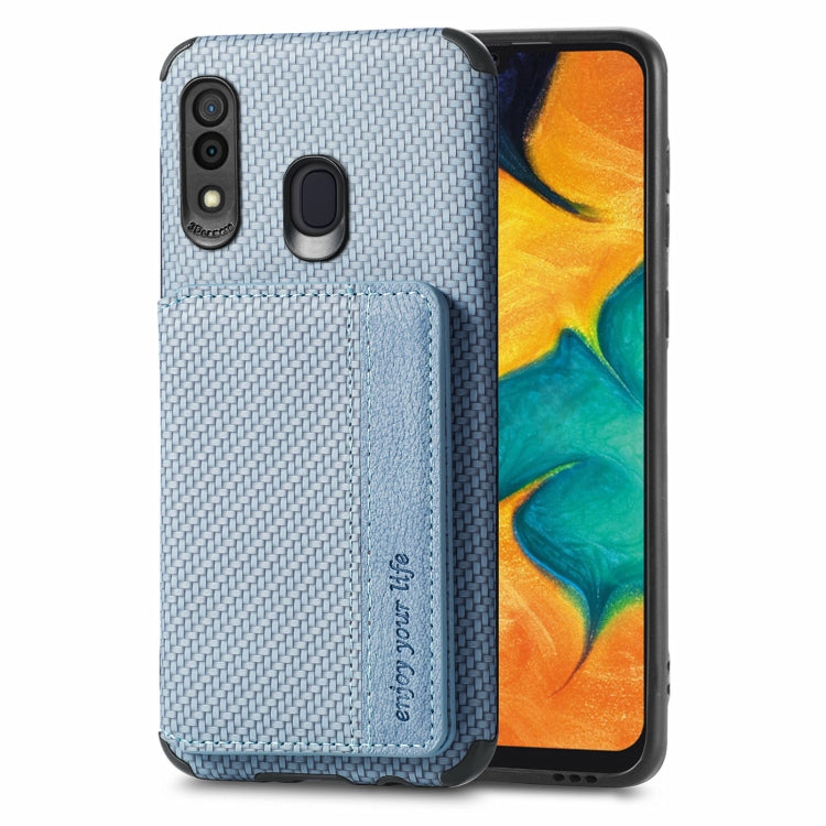 For Samsung Galaxy  A30/A20 Carbon Fiber Magnetic Card Bag TPU+PU Shockproof Back Cover Case with Holder & Card Slot & Photo Frame