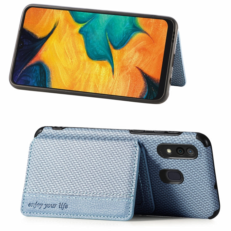For Samsung Galaxy  A30/A20 Carbon Fiber Magnetic Card Bag TPU+PU Shockproof Back Cover Case with Holder & Card Slot & Photo Frame
