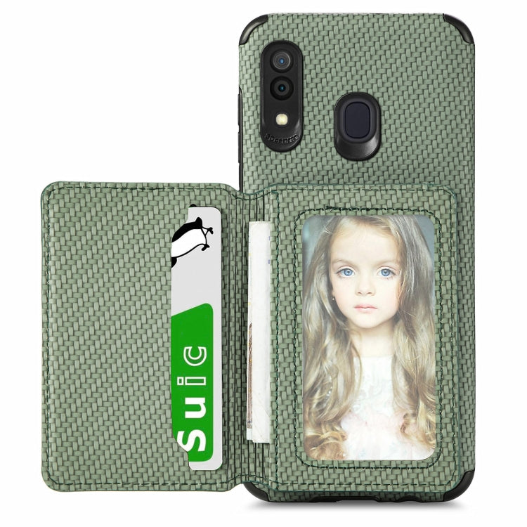 For Samsung Galaxy  A30/A20 Carbon Fiber Magnetic Card Bag TPU+PU Shockproof Back Cover Case with Holder & Card Slot & Photo Frame