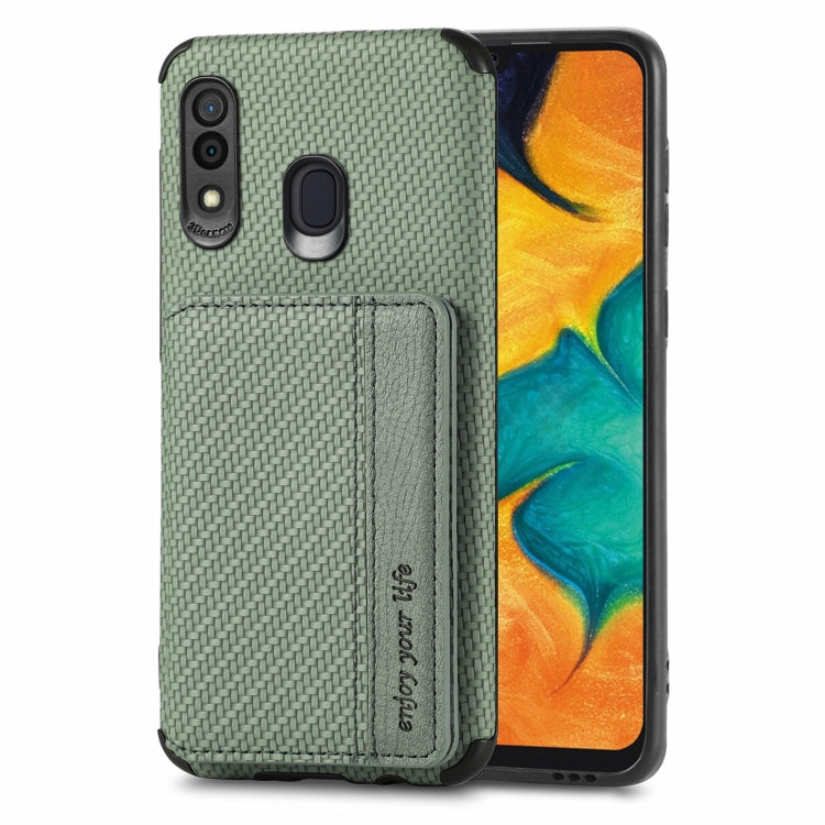 For Samsung Galaxy  A30/A20 Carbon Fiber Magnetic Card Bag TPU+PU Shockproof Back Cover Case with Holder & Card Slot & Photo Frame