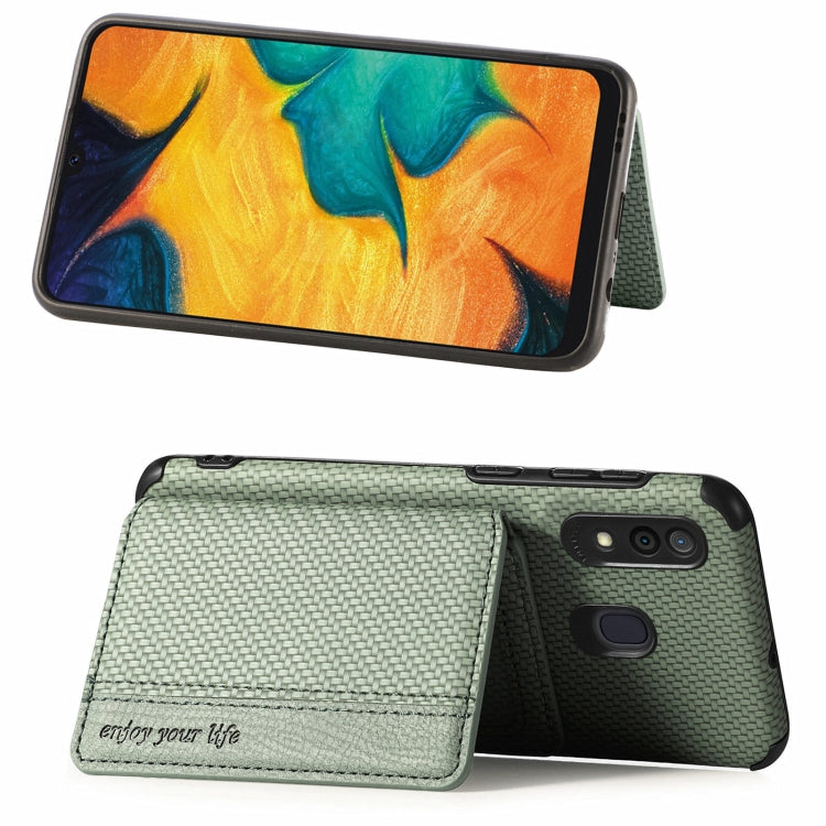 For Samsung Galaxy  A30/A20 Carbon Fiber Magnetic Card Bag TPU+PU Shockproof Back Cover Case with Holder & Card Slot & Photo Frame
