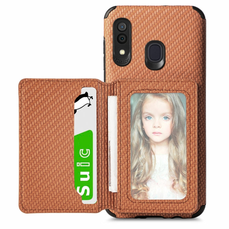 For Samsung Galaxy  A30/A20 Carbon Fiber Magnetic Card Bag TPU+PU Shockproof Back Cover Case with Holder & Card Slot & Photo Frame