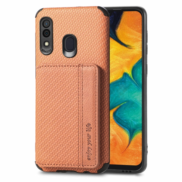 For Samsung Galaxy  A30/A20 Carbon Fiber Magnetic Card Bag TPU+PU Shockproof Back Cover Case with Holder & Card Slot & Photo Frame