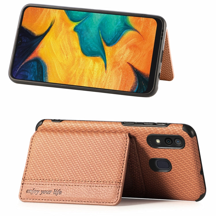 For Samsung Galaxy  A30/A20 Carbon Fiber Magnetic Card Bag TPU+PU Shockproof Back Cover Case with Holder & Card Slot & Photo Frame