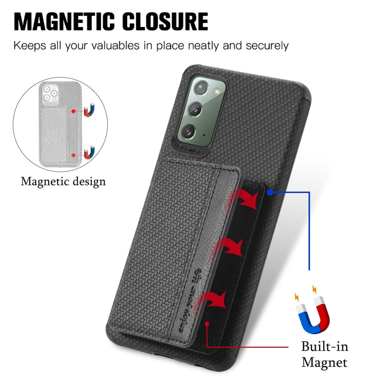 For Samsung Galaxy  A30/A20 Carbon Fiber Magnetic Card Bag TPU+PU Shockproof Back Cover Case with Holder & Card Slot & Photo Frame