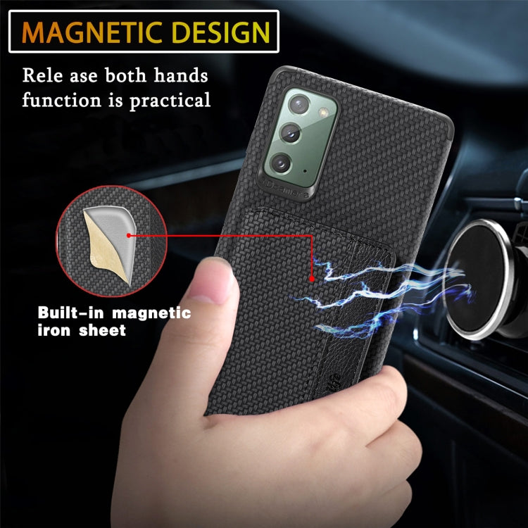 For Samsung Galaxy  A30/A20 Carbon Fiber Magnetic Card Bag TPU+PU Shockproof Back Cover Case with Holder & Card Slot & Photo Frame