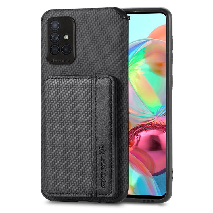 For Samsung Galaxy A51 5G Carbon Fiber Magnetic Card Bag TPU+PU Shockproof Back Cover Case with Holder & Card Slot & Photo Frame