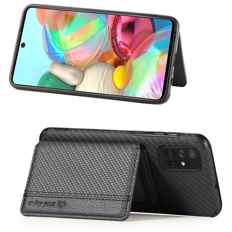 For Samsung Galaxy A51 5G Carbon Fiber Magnetic Card Bag TPU+PU Shockproof Back Cover Case with Holder & Card Slot & Photo Frame