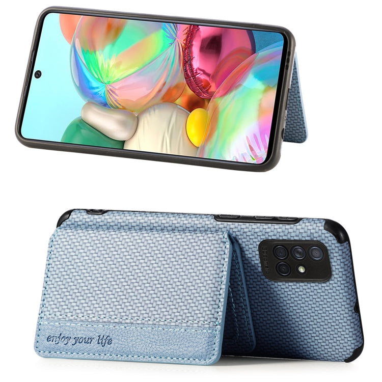 For Samsung Galaxy A51 5G Carbon Fiber Magnetic Card Bag TPU+PU Shockproof Back Cover Case with Holder & Card Slot & Photo Frame