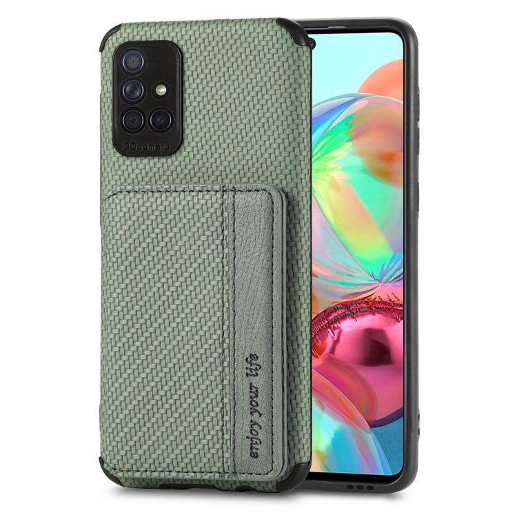 For Samsung Galaxy A51 5G Carbon Fiber Magnetic Card Bag TPU+PU Shockproof Back Cover Case with Holder & Card Slot & Photo Frame