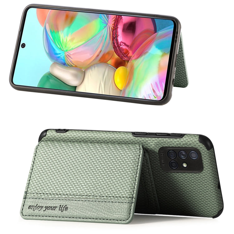 For Samsung Galaxy A51 5G Carbon Fiber Magnetic Card Bag TPU+PU Shockproof Back Cover Case with Holder & Card Slot & Photo Frame