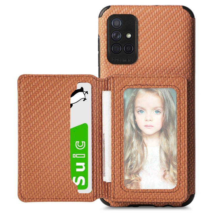 For Samsung Galaxy A51 5G Carbon Fiber Magnetic Card Bag TPU+PU Shockproof Back Cover Case with Holder & Card Slot & Photo Frame