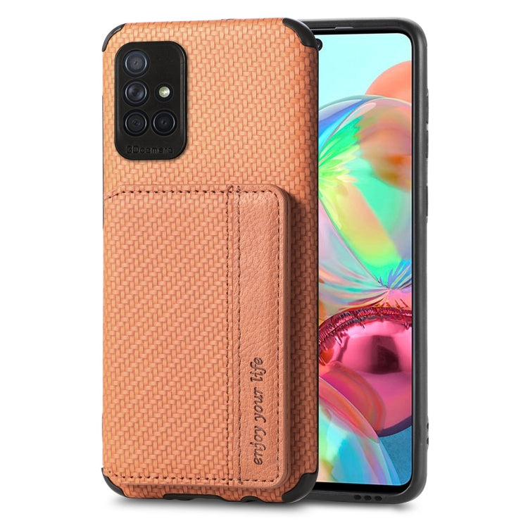 For Samsung Galaxy A51 5G Carbon Fiber Magnetic Card Bag TPU+PU Shockproof Back Cover Case with Holder & Card Slot & Photo Frame