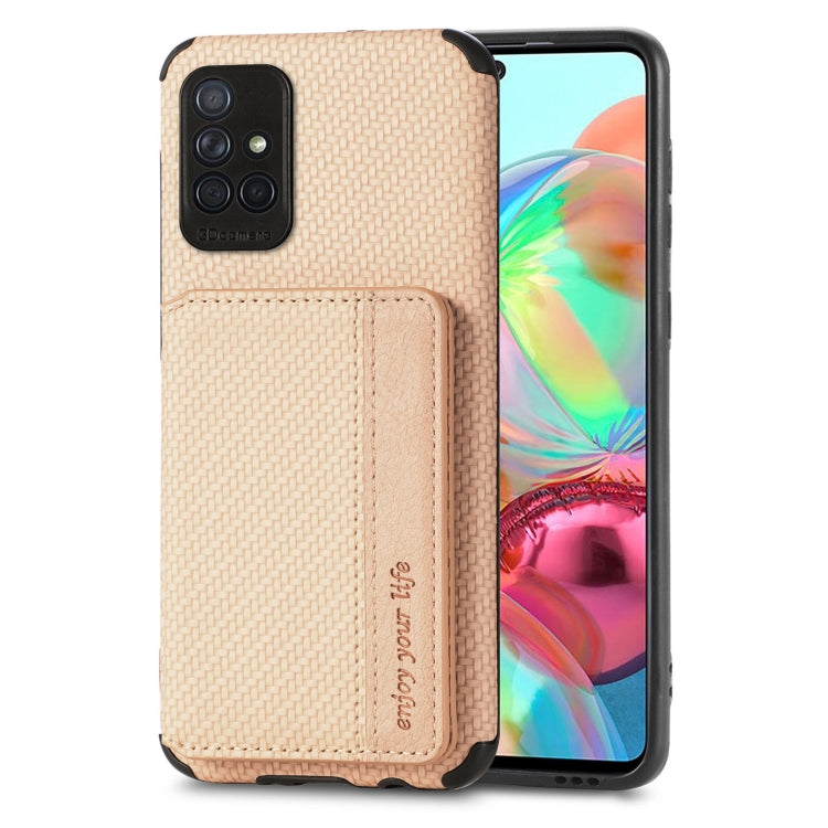 For Samsung Galaxy A51 5G Carbon Fiber Magnetic Card Bag TPU+PU Shockproof Back Cover Case with Holder & Card Slot & Photo Frame