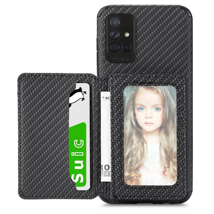 For Samsung Galaxy A71 5G Carbon Fiber Magnetic Card Bag TPU+PU Shockproof Back Cover Case with Holder & Card Slot & Photo Frame