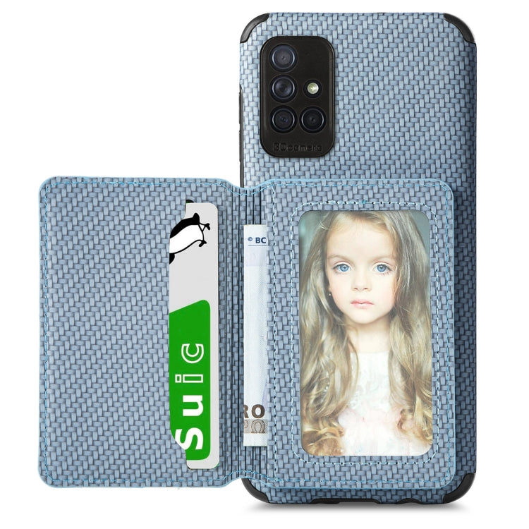 For Samsung Galaxy A71 5G Carbon Fiber Magnetic Card Bag TPU+PU Shockproof Back Cover Case with Holder & Card Slot & Photo Frame