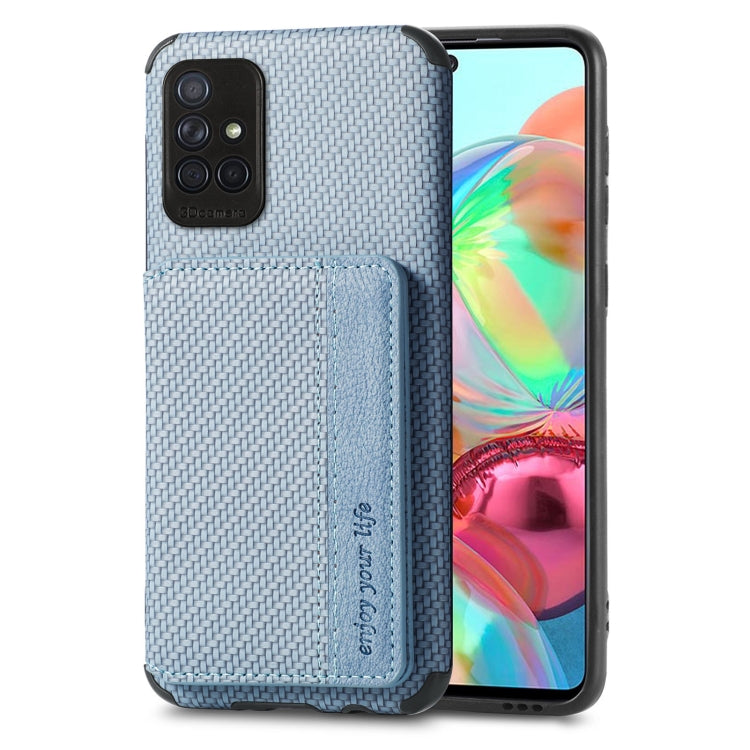 For Samsung Galaxy A71 5G Carbon Fiber Magnetic Card Bag TPU+PU Shockproof Back Cover Case with Holder & Card Slot & Photo Frame
