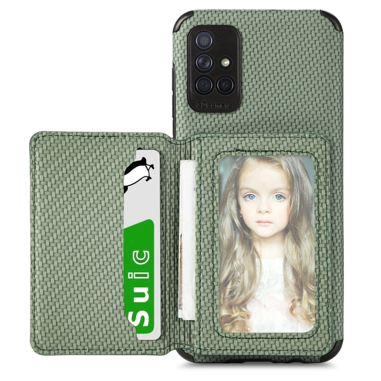 For Samsung Galaxy A71 5G Carbon Fiber Magnetic Card Bag TPU+PU Shockproof Back Cover Case with Holder & Card Slot & Photo Frame
