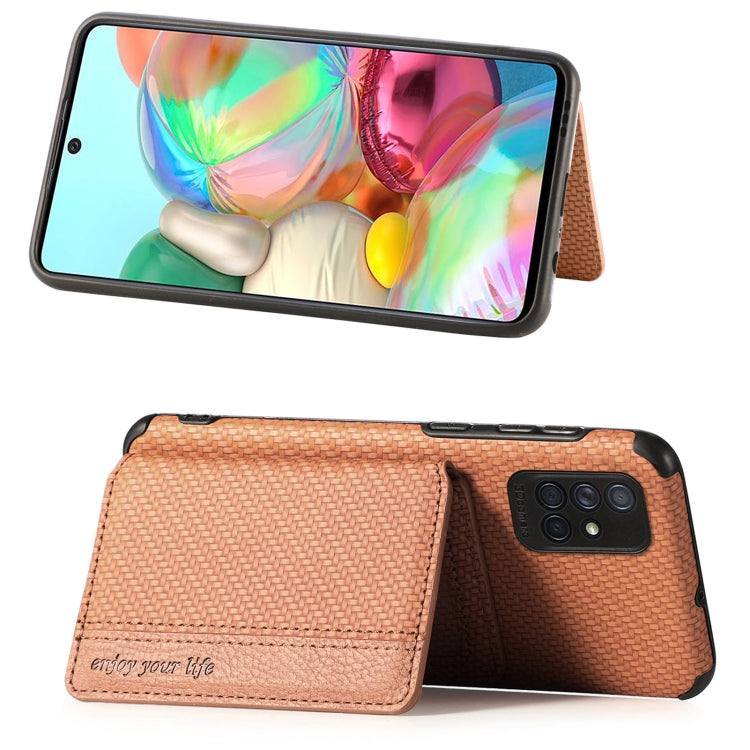 For Samsung Galaxy A71 5G Carbon Fiber Magnetic Card Bag TPU+PU Shockproof Back Cover Case with Holder & Card Slot & Photo Frame