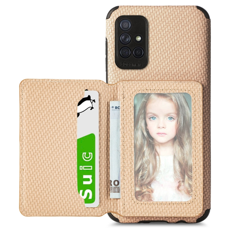 For Samsung Galaxy A71 5G Carbon Fiber Magnetic Card Bag TPU+PU Shockproof Back Cover Case with Holder & Card Slot & Photo Frame