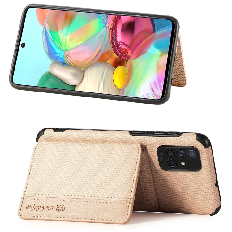 For Samsung Galaxy A71 5G Carbon Fiber Magnetic Card Bag TPU+PU Shockproof Back Cover Case with Holder & Card Slot & Photo Frame
