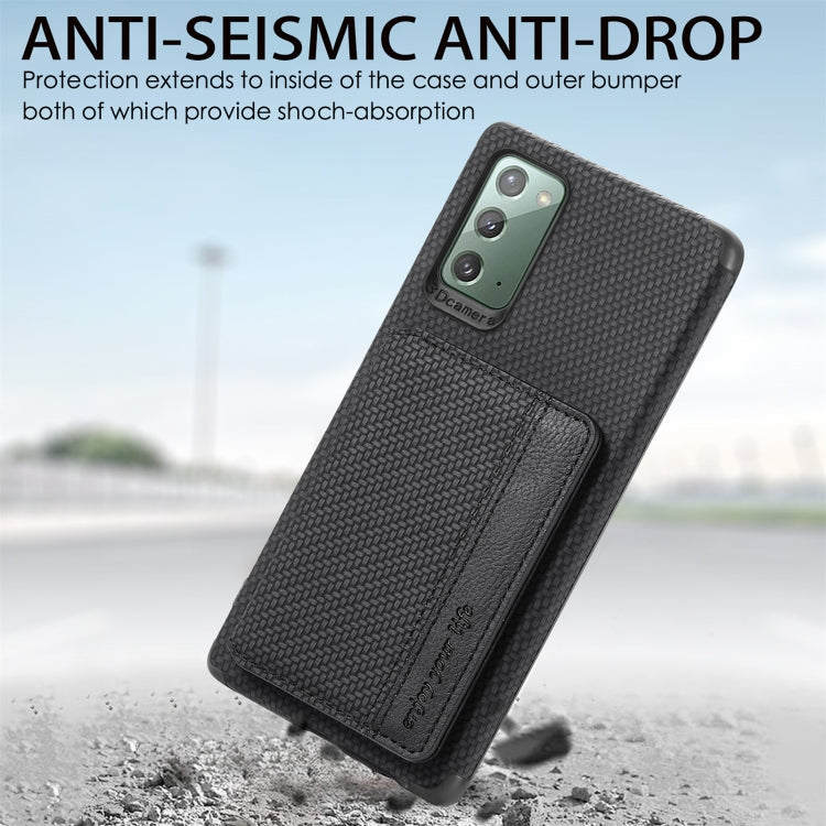 For Samsung Galaxy A71 5G Carbon Fiber Magnetic Card Bag TPU+PU Shockproof Back Cover Case with Holder & Card Slot & Photo Frame