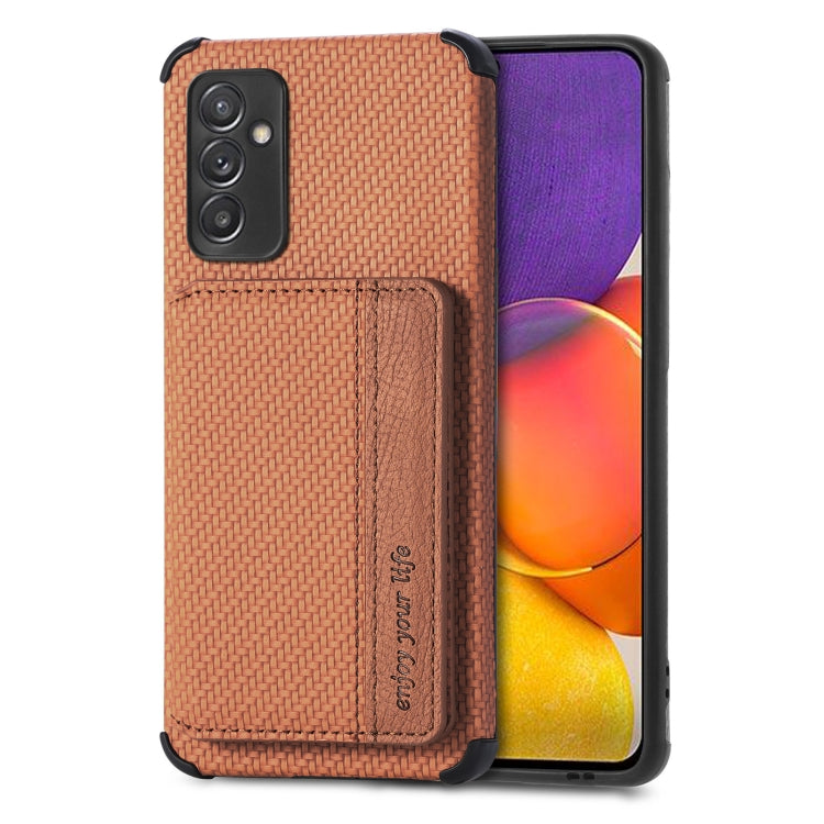 For Samsung Galaxy A82 5G Carbon Fiber Magnetic Card Bag TPU+PU Shockproof Back Cover Case with Holder & Card Slot & Photo Frame