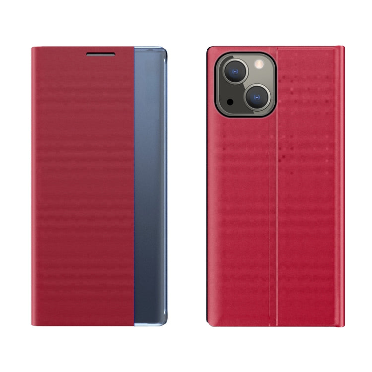 For iPhone 13 Side Window Display Magnetic Suction Plain Grain Flip PU Leather + PC Case with Holder