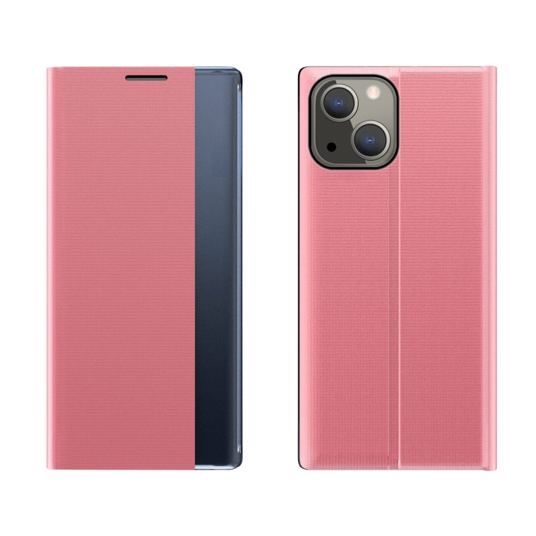 For iPhone 13 Side Window Display Magnetic Suction Plain Grain Flip PU Leather + PC Case with Holder