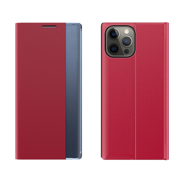For iPhone 13 Pro Side Window Display Magnetic Suction Plain Grain Flip PU Leather + PC Case with Holder