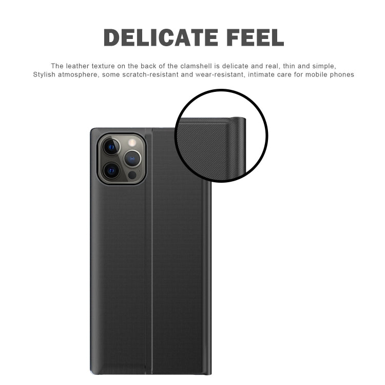 For iPhone 13 mini  Side Window Display Magnetic Suction Plain Grain Flip PU Leather + PC Case with Holder