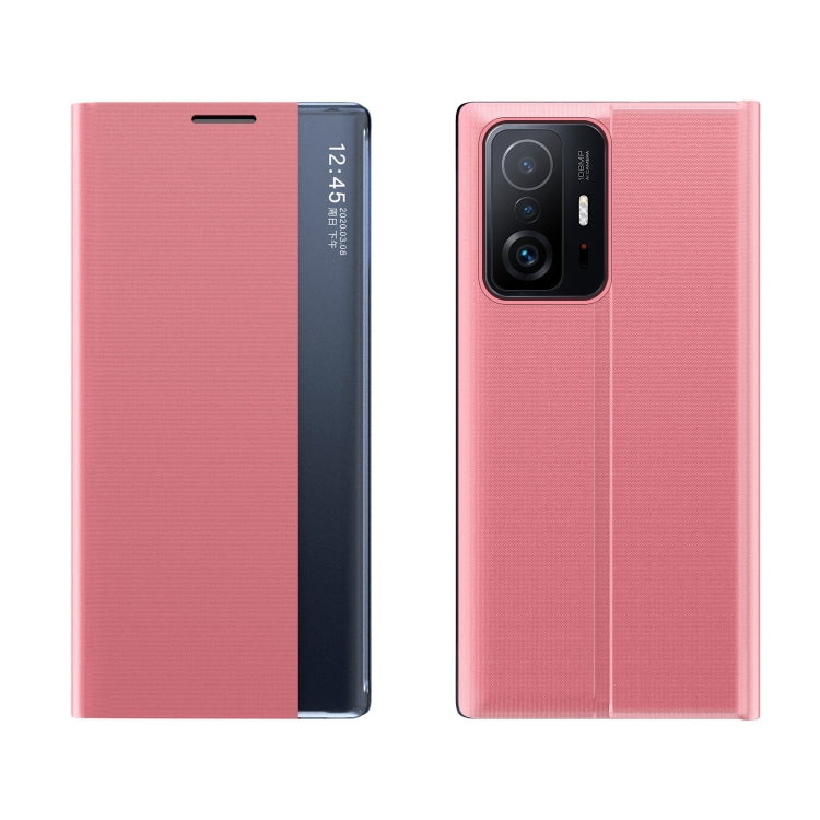 For Xiaomi Mi 11T / 11T Pro Side Window Display Magnetic Suction Plain Grain Flip PU Leather + PC Case with Holder