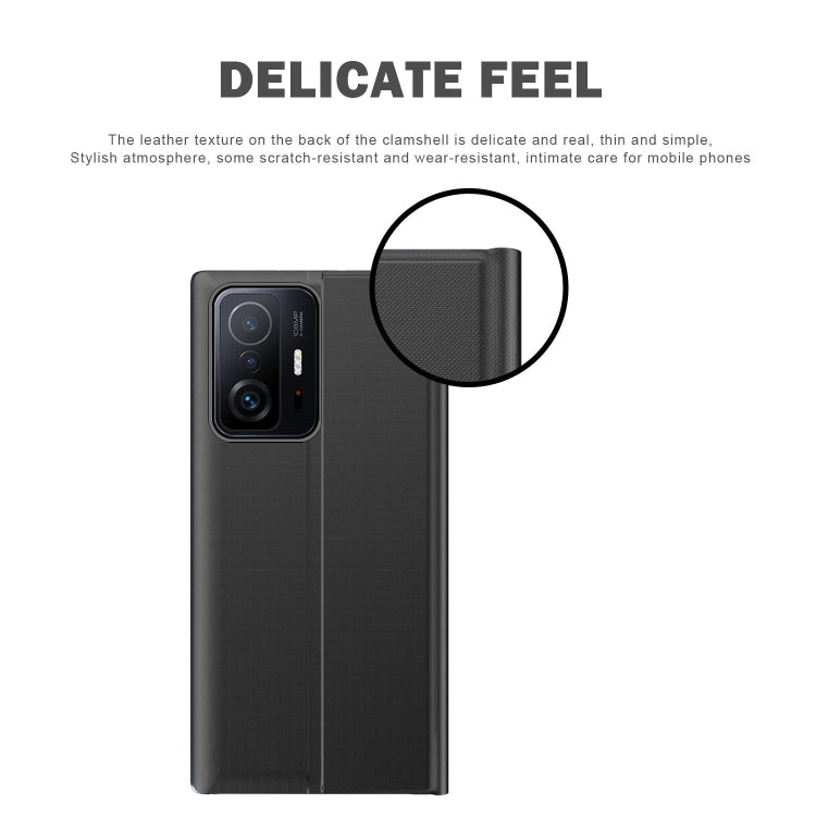 For Xiaomi Mi 11 Side Window Display Magnetic Suction Plain Grain Flip PU Leather + PC Case with Holder