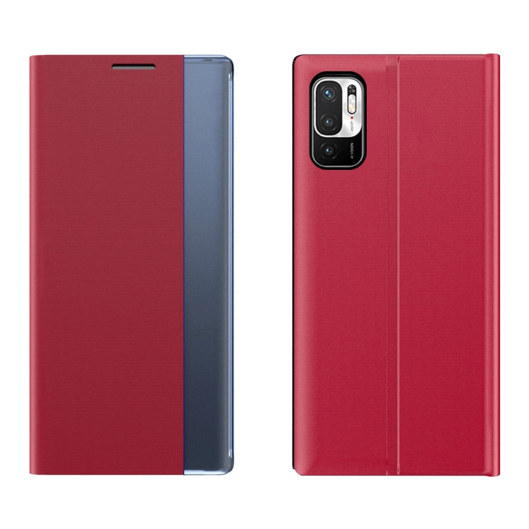 For Xiaomi Redmi Note 10 5G / Poco M3 Pro Side Window Display Magnetic Suction Plain Grain Flip PU Leather + PC Case with Holder