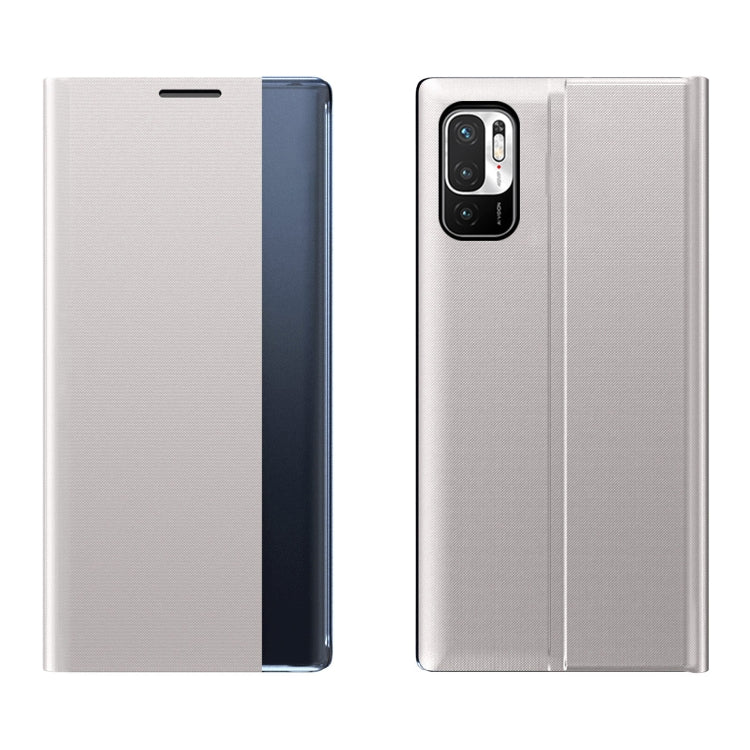 For Xiaomi Redmi Note 10 5G / Poco M3 Pro Side Window Display Magnetic Suction Plain Grain Flip PU Leather + PC Case with Holder